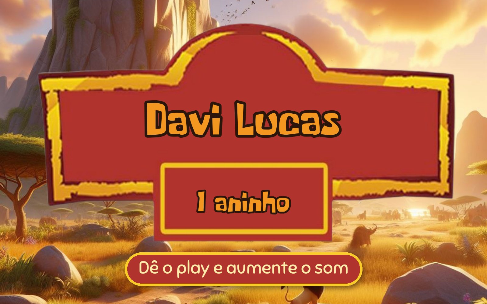 Prévia do Modelo Infantil: savana ao pôr do sol com a placa Davi Lucas, 1 aninho