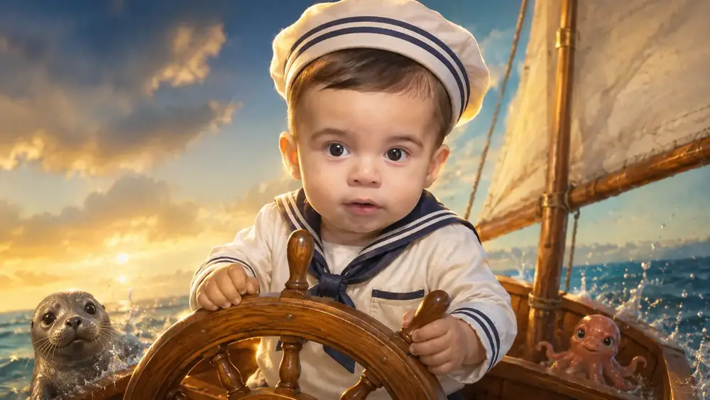 Convite do José Tadeu: bebê vestido de marinheiro ao timão de um veleiro, ao pôr do sol